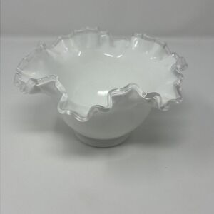 Vintage Fenton Silver Crest Ruffled Edge White Milk Glass Bowl